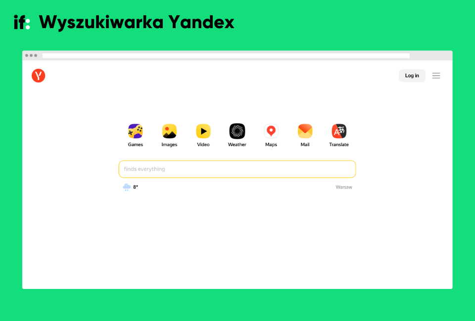 Zrzut ekranu strony głównej wyszukiwarki Yandex